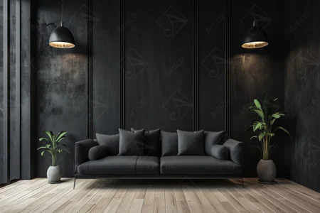 Articoo - Black living room interior design with sofa, plant vases and large spotlights - Articoo_732118