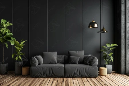 Articoo - Black living room interior design with sofa, plant vases, lspotlights - Articoo_931755