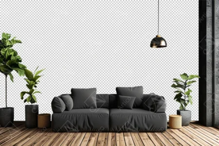 Articoo - Black living room interior design with sofa, plant vases, lspotlights - Articoo_931755