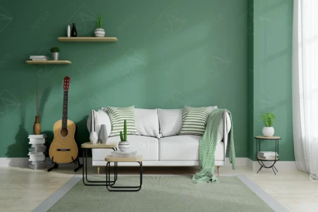 Articoo - Interior design of a green living room with a white sofa, plant vases and a small table - Articoo_327525