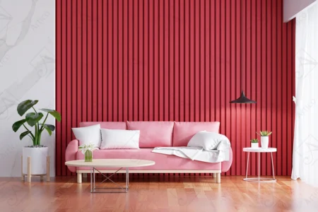 Articoo - Interior design of a living room with a red wood alternative wall, a pink sofa - Articoo_915968