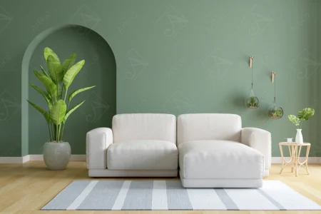 Articoo - Interior design of a living room with a green wall and white sofas - Articoo_854493