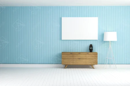 Articoo - Interior design of a room with blue wooden wall and white wooden floor with a treasury - Articoo_739574