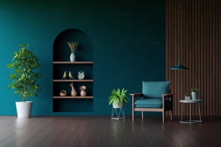 Articoo - Interior design of a living room with a dark green wall with Wood Alternative, a chair, a small table - Articoo_683214