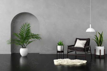 Articoo - Interior design of a living room with a concrete wall, a chair and a plant vase - Articoo_789856