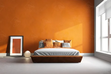 Articoo - Interior design of a room with a warm orange wall, a modern bed, a window and a painting - Articoo_787534