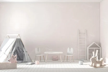Articoo - Interior design for a gray children’s room with a tent, a chair, a wooden ladder and toys - Articoo_394566