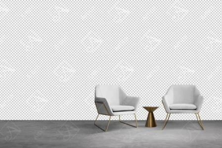 Articoo - Interior design of a room with a concrete wall, white chairs and a small golden table - Articoo_359356