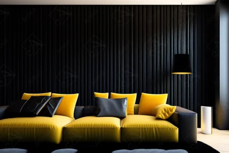 Articoo - Interior design of a black room with a yellow sofa and a lamp with warm lighting - Articoo_514319