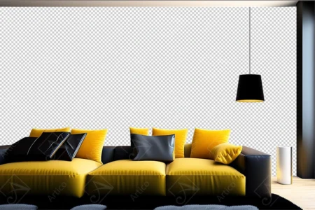 Articoo - Interior design of a black room with a yellow sofa and a lamp with warm lighting - Articoo_514319