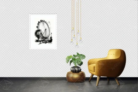 Articoo - Black room interior design with yellow chair, small golden table, monstera vase and lamps - Articoo_131457