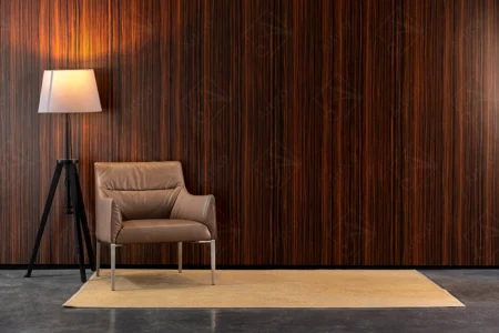 Articoo - Interior design of an empty room with a chair, a Lampshade and a dark wooden wall - Articoo_831438