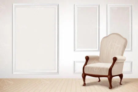 Articoo - Interior design of an empty room with a chair and a white wall with frames - Articoo_594167