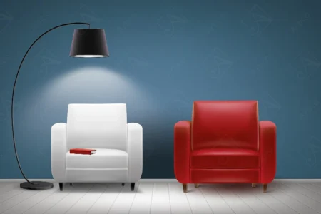 Articoo - Interior design of a room with a white and red chair and a blue wall with a black lampshade - Articoo_649312
