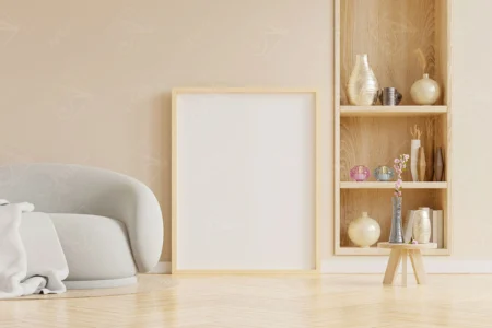 Articoo - Interior design of a living room with a sofa and a wooden library with an empty frame - Articoo_933251