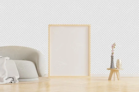 Articoo - Interior design of a living room with a sofa and a wooden library with an empty frame - Articoo_933251