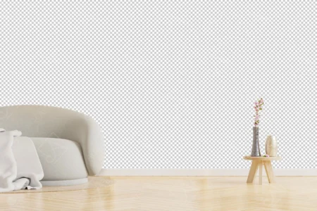 Articoo - Interior design of a living room with a sofa and a wooden library with an empty frame - Articoo_933251