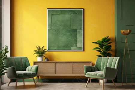 Articoo - Interior design of a yellow and green living room with chairs and a wooden wardrobe - Articoo_498826