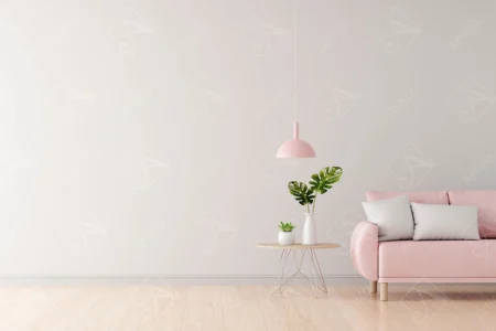 Articoo - Interior design of a living room with a gray wall, a rose sofa, a small table - Articoo_498826