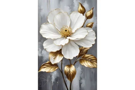 Articoo - Hanging painting of white roses with a branch and gold - Articoo_766163
