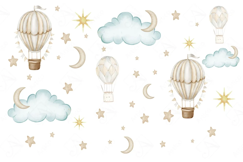 Articoo - Hot air balloons, crescent moon, clouds and stars with sun - Articoo_144589