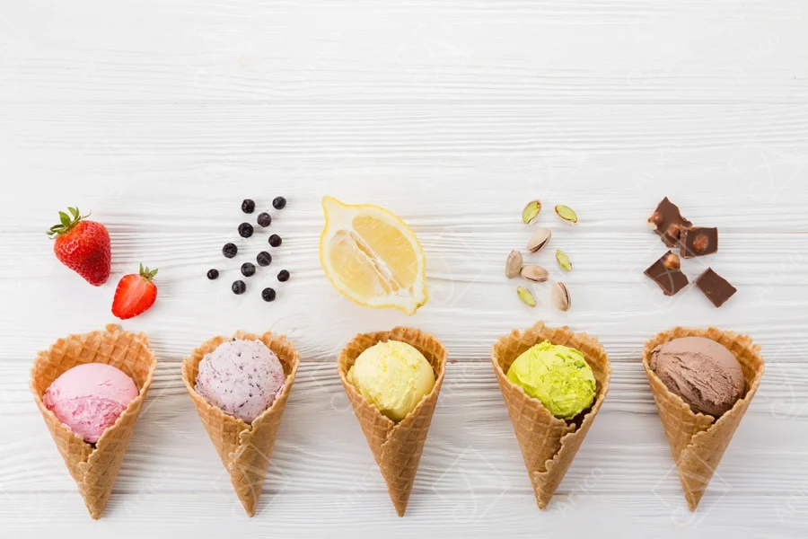 Articoo - Top view of pistachio,banana,chocolate,raspberry blueberry icecream balls in waffle cones - Articoo-798289