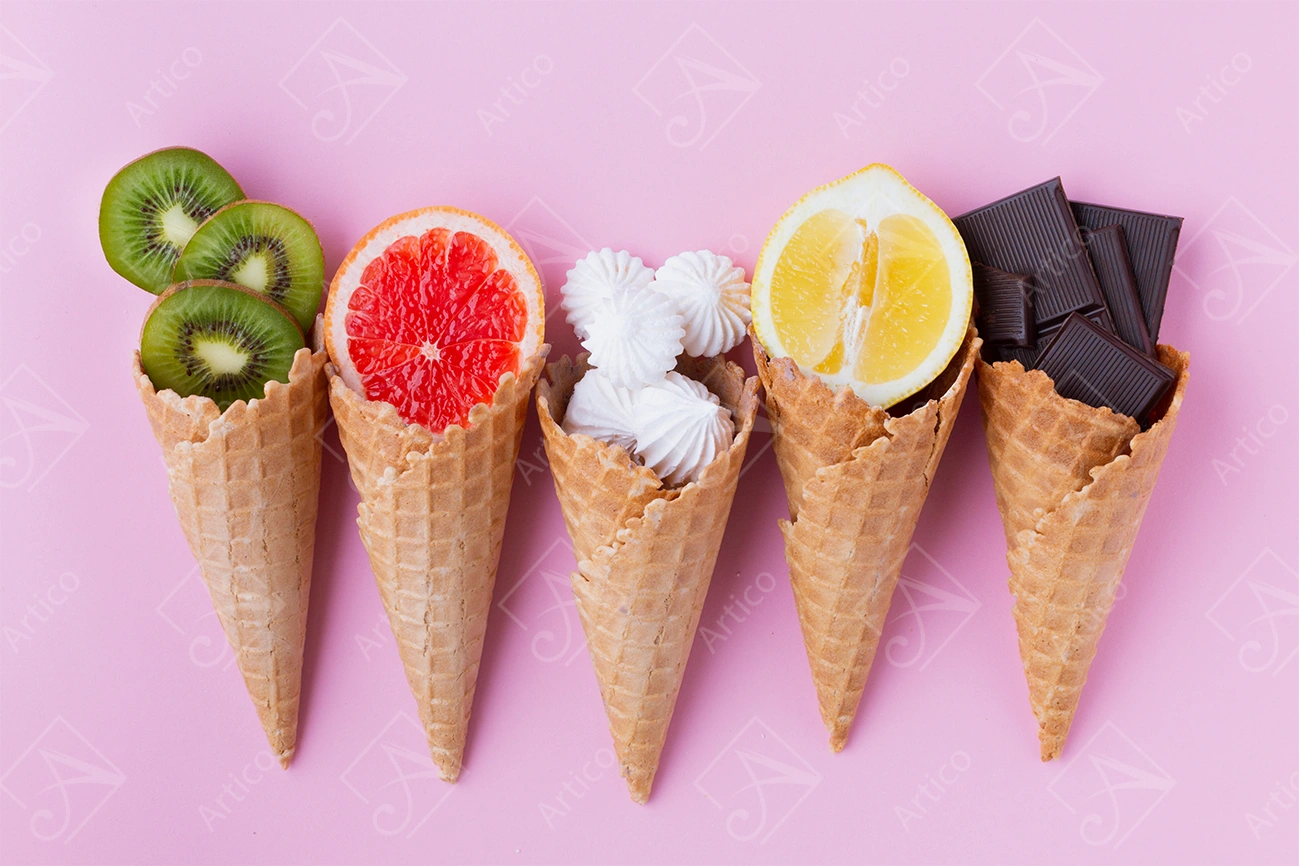 Ice-Cream-34 Articoo - Fresh mixed fruits in waffle cones. Orange, kiwi, lemon, chocolate - Articoo_948183