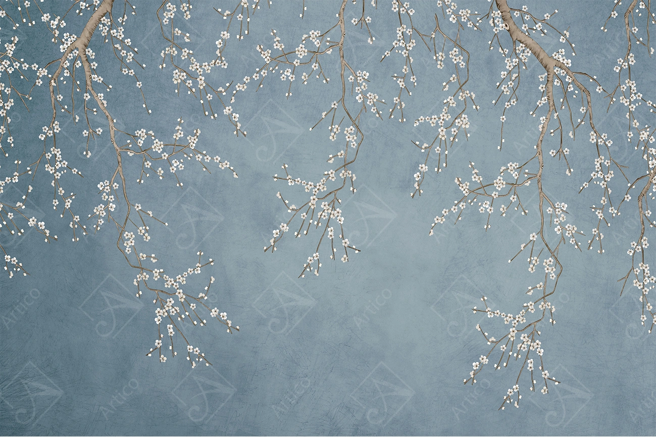 Artico-0625 Articoo - Fresco of blooming sakura. Pastel colors. Beautiful flowers. Wall wallpaper - Articoo_676345
