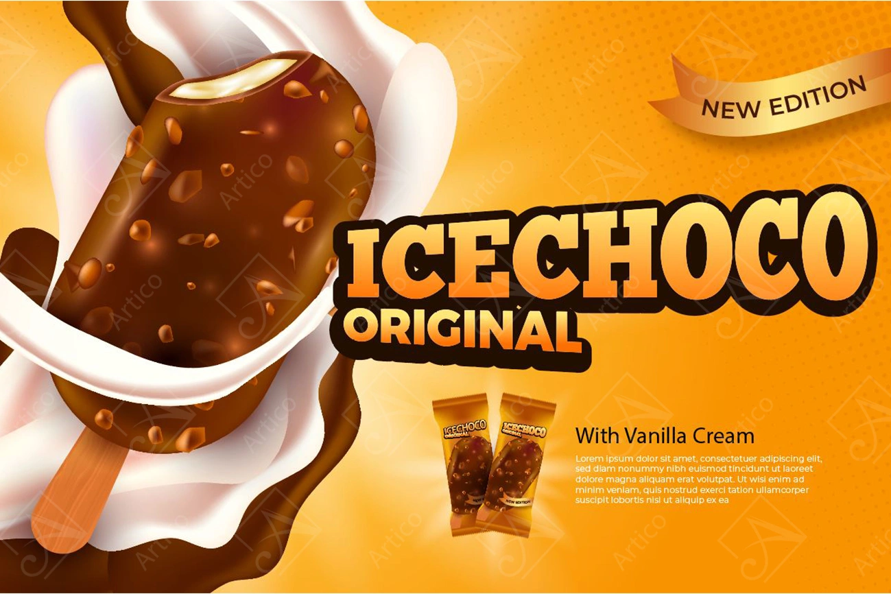 Ice-Cream-40 Articoo - Chocolate vanilla ice cream bar ad, with chocolate and milk and peanut elements - Articoo_799911