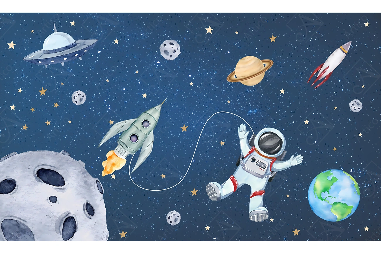 Artico-0637 Articoo - Space futuristic creative design. Planets and spaceship, rocket, stars, astronaut. - Articoo_166832