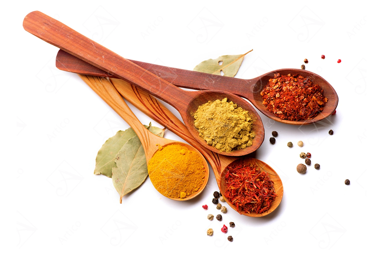 Spices-21 Articoo - Various spices in wooden spoons isolated on white background - Articoo_641343