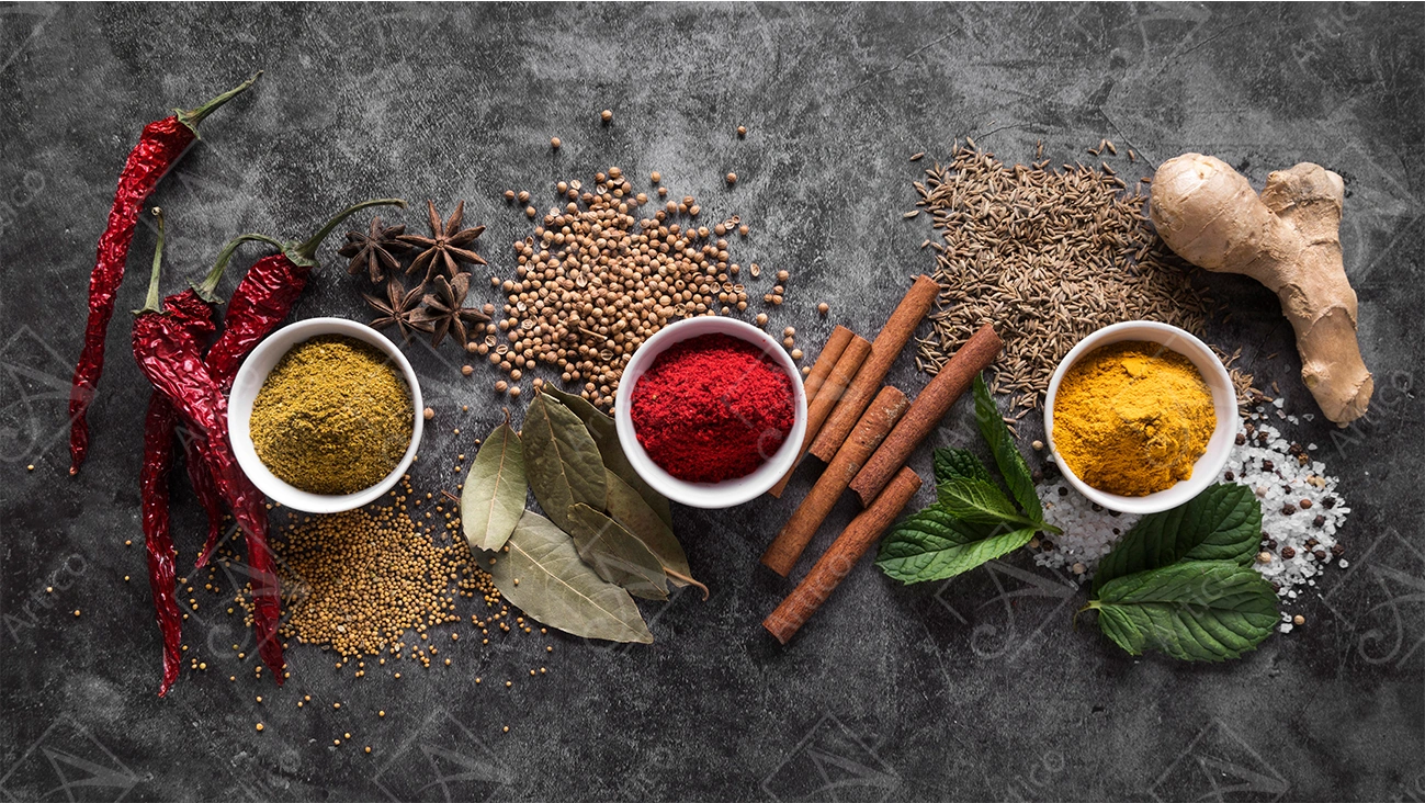 Spices-40 Articoo - A view from above. Spices. Seasonings with fresh and dried - Articoo_515493