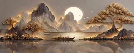 Articoo - A landscape of golden trees, mountains with the moon, and a lake with a boat - Articoo-433264
