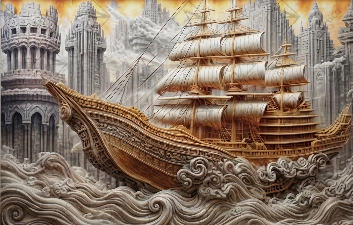 Articoo - Graphic design of a wooden sailboat sailing amidst waves and stone castles - Articoo-352672