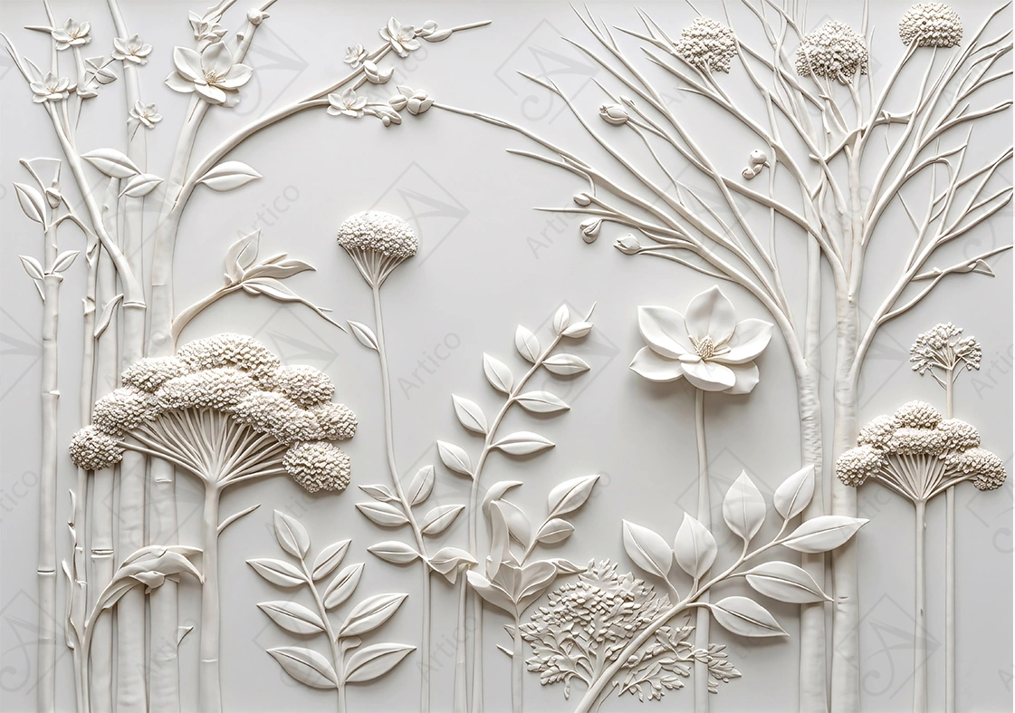 Articoo - 3D wall mural featuring a design of white flowers and branches, relief sculpture art - Articoo-849352