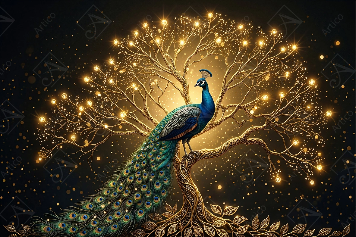 Articoo - A luxurious artwork depicting a royal peacock on a glowing golden tree - Articoo-365488