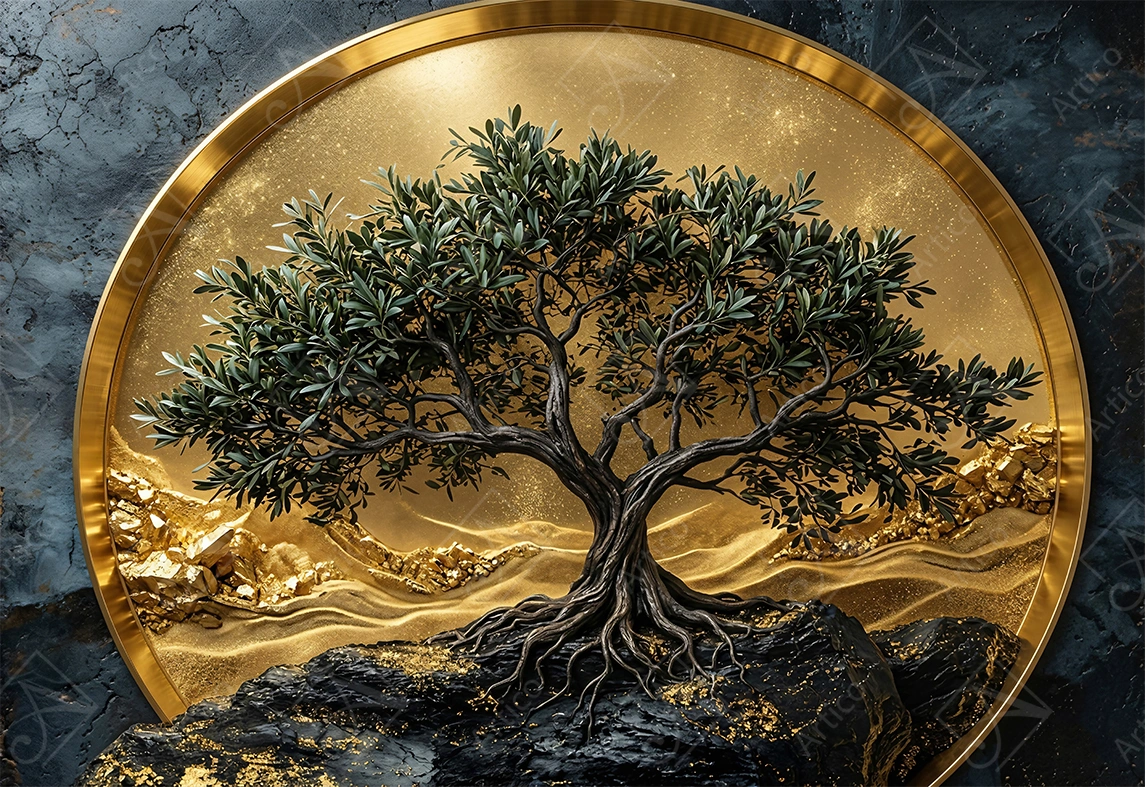 Articoo - A wall painting of an ancient olive tree with protruding roots inside a shiny gold circular frame - Articoo-554798