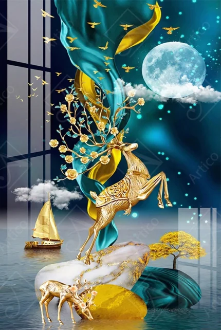 Articoo - A painting of a golden deer with antlers adorned with flowers against a deep blue background - Articoo-211876