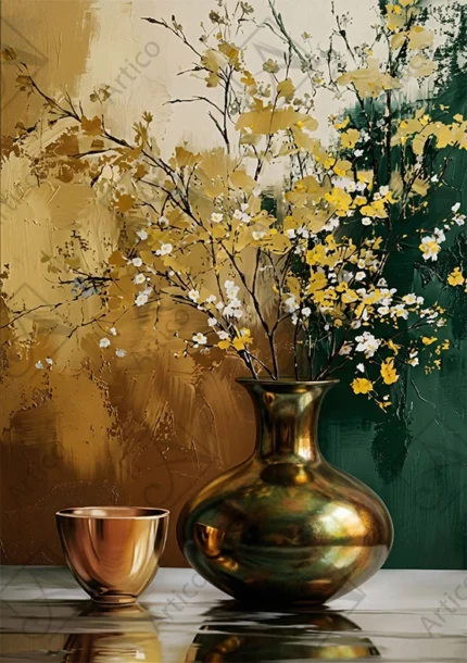Articoo - A still life painting of an elegant vase filled with yellow and white spring flowers - Articoo-524666