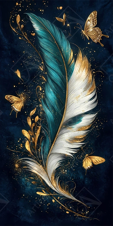 Articoo - A painting of a large feather in shades of turquoise and gold with golden butterflies - Articoo-915321