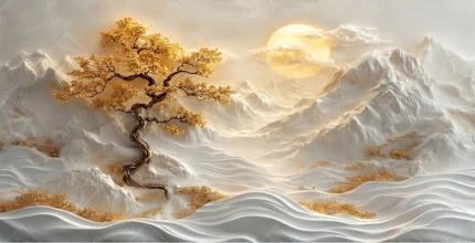 Articoo - Luxury 3D White Mountains Landscape with Golden Bonsai Tree - Articoo-961219