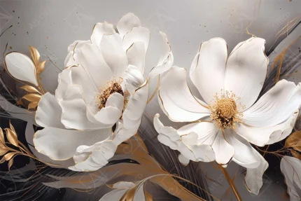 Articoo - Elegant Luxury 3D White Flowers Wallpaper with Golden Lines - Articoo-318269