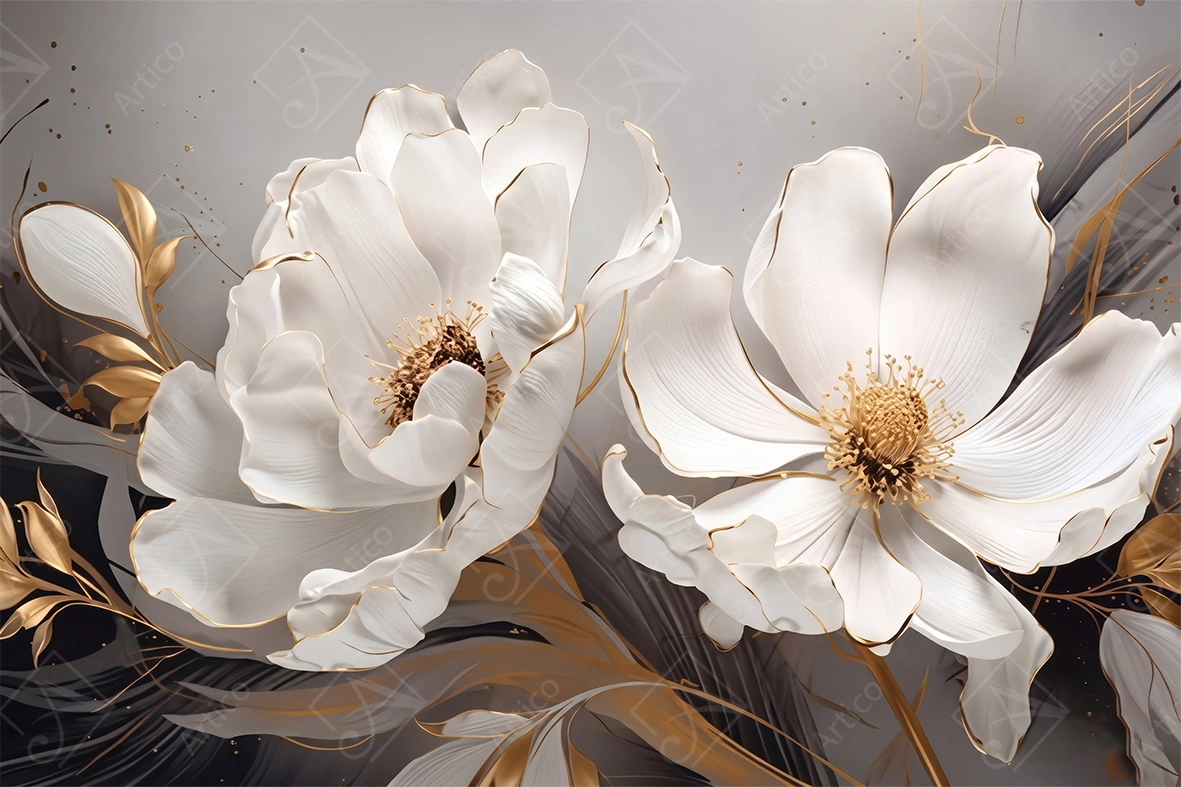 Articoo - Elegant Luxury 3D White Flowers Wallpaper with Golden Lines - Articoo-318269