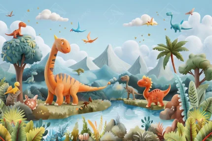 Articoo - Cute Cartoon Dinosaurs Landscape Background for Kids Playroom - Articoo-872553
