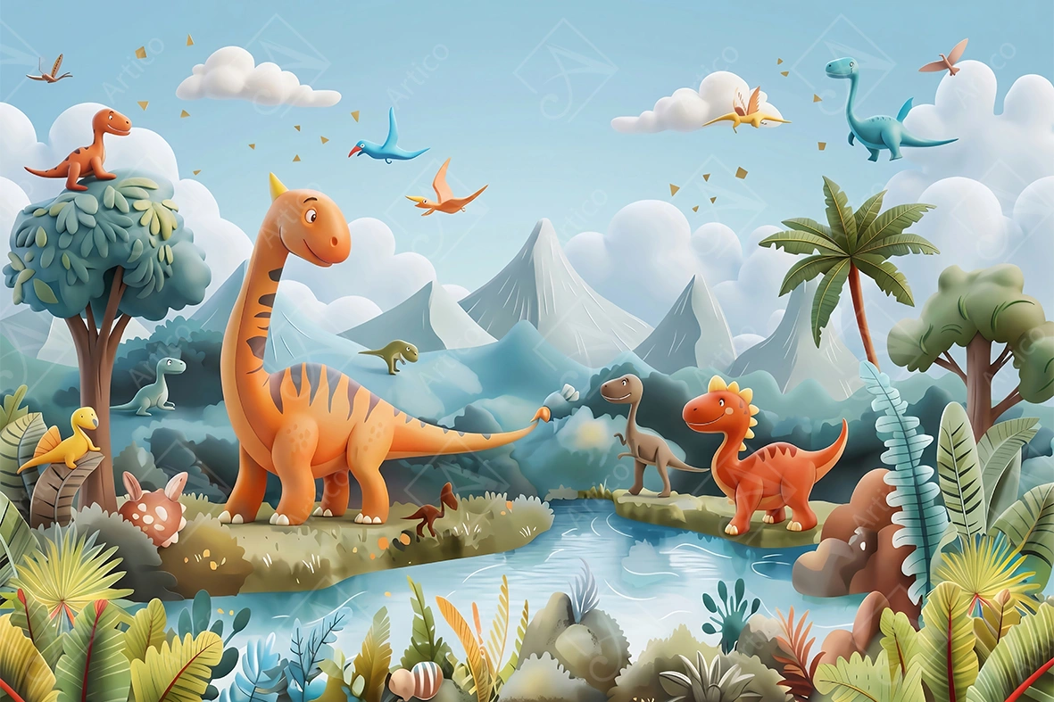 Articoo - Cute Cartoon Dinosaurs Landscape Background for Kids Playroom - Articoo-872553