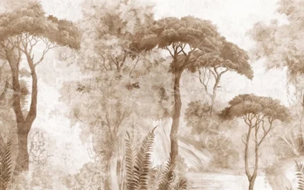 Articoo - Vintage Sepia Forest Mural Background with Classical Tropical Trees - Articoo-675638