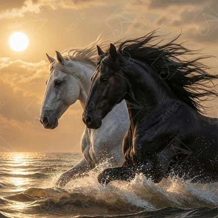Articoo - Two Majestic Horses Galloping Through Ocean Waves At Sunset - Articoo-392828