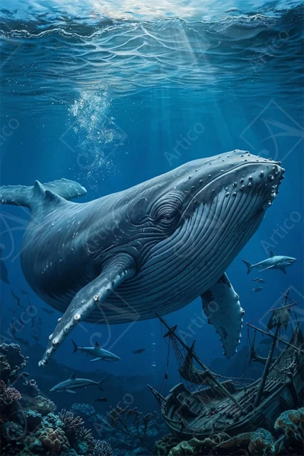 Articoo - Majestic Humpback Whale Swimming Near Sunken Shipwreck Deep Underwater - Articoo-286177