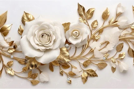 Articoo - Luxury 3D White Roses and Golden Leaves Wall Art - Articoo-564595