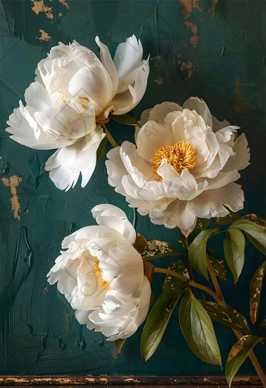Articoo - Vintage White Peonies on Emerald Green Botanical Wall Art - Articoo-819331